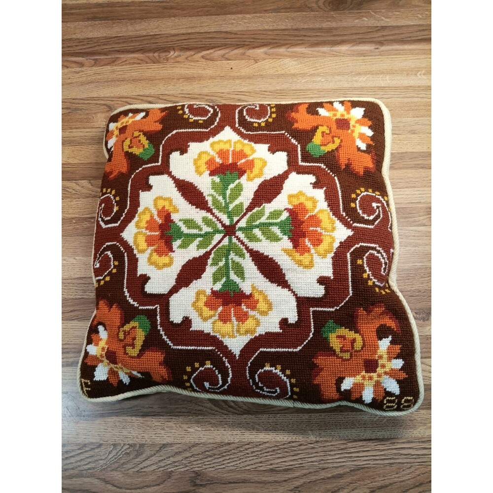 Vintage Needlepoint Throw Pillow 70s Colors Marked F88